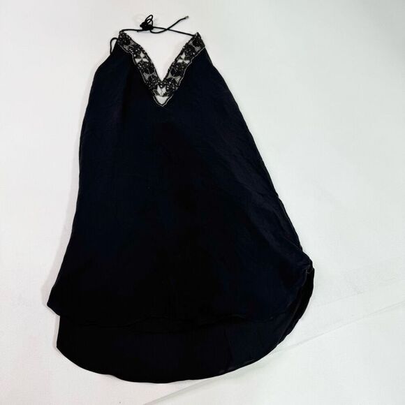Haute Hippie Mini Dress Womens Medium Silk Beaded Halter Black Strappy - Picture 1 of 8